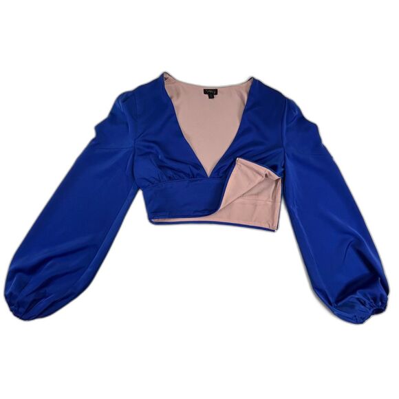 New Revolve NBD Cobalt Blue Karina Shiny Satin Long Puff Sleeve Crop‎ Top SMALL - Picture 2 of 7